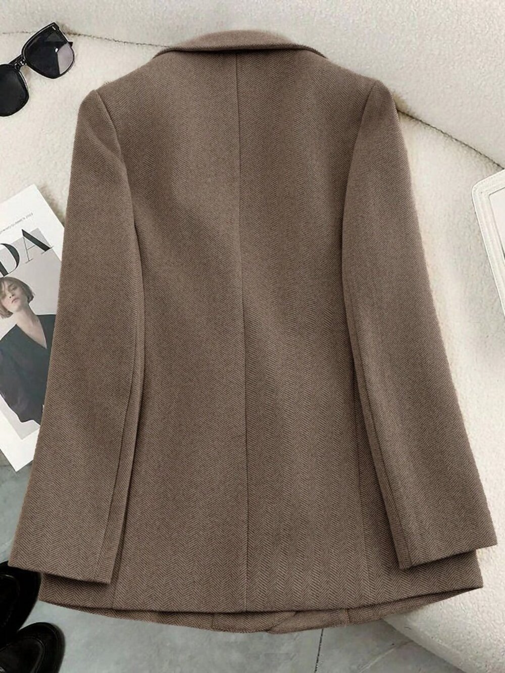 Coffee Brown Elegant Women's Regular Fit Double Breasted Lapel Blazer Jacket - Picture 2 of 4
